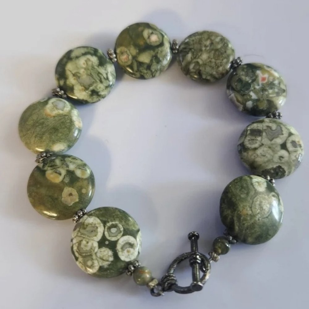 Vintage Natural Rainforest Jasper Smooth Button Stone Bracelet
